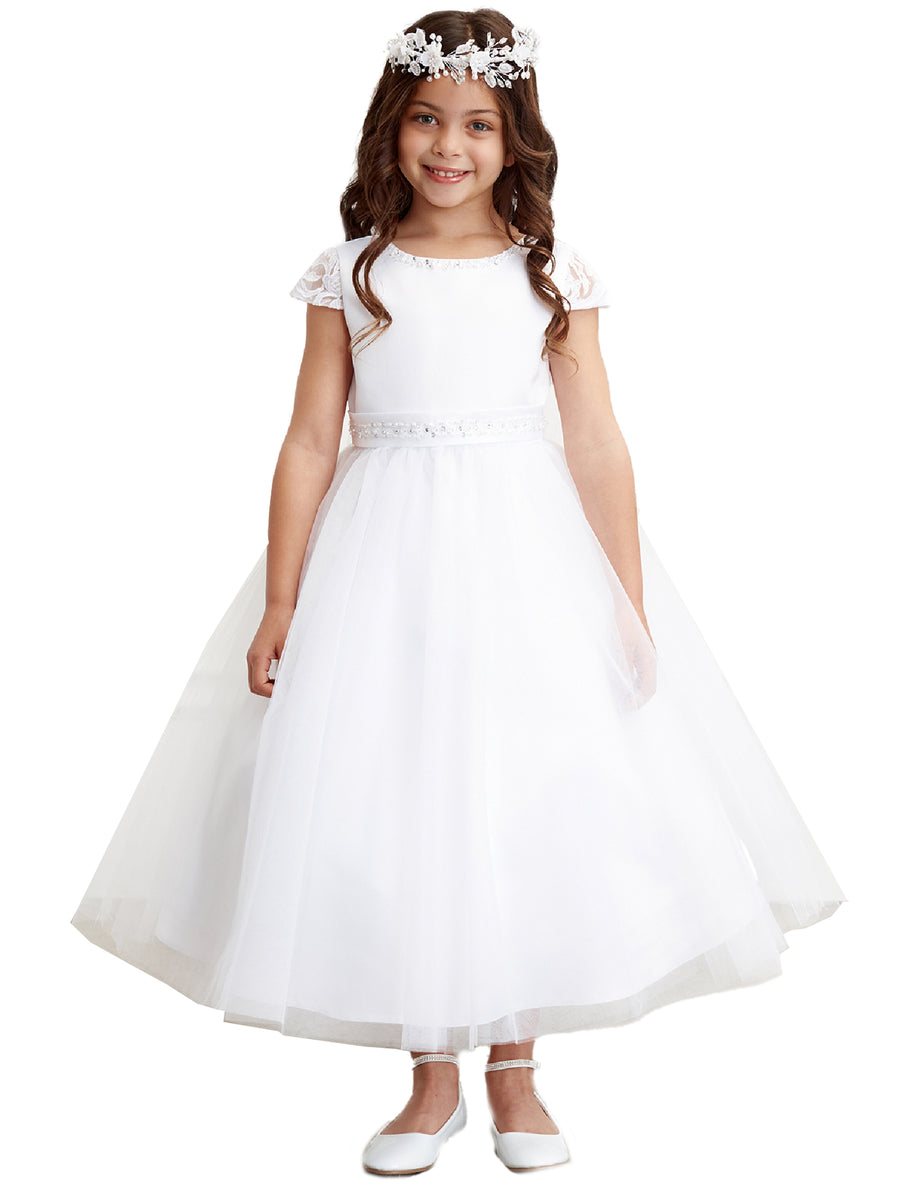 Big Girls White Cape Sleeve Pearl Waist Communion Dress 8-18
