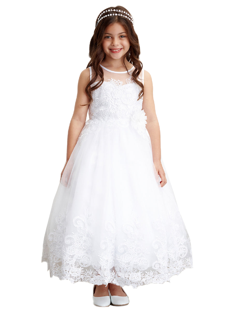 Little Girls White Trimmed Illusion Neckline Communion Dress 2-6