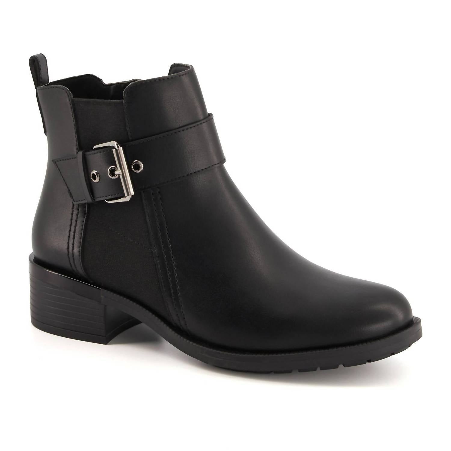 Women's Leather Booties With Elastic Side And Buckle In Black 7800789106748