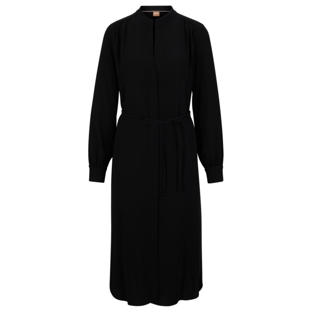 Belted dress with collarless V neckline and button cuffs