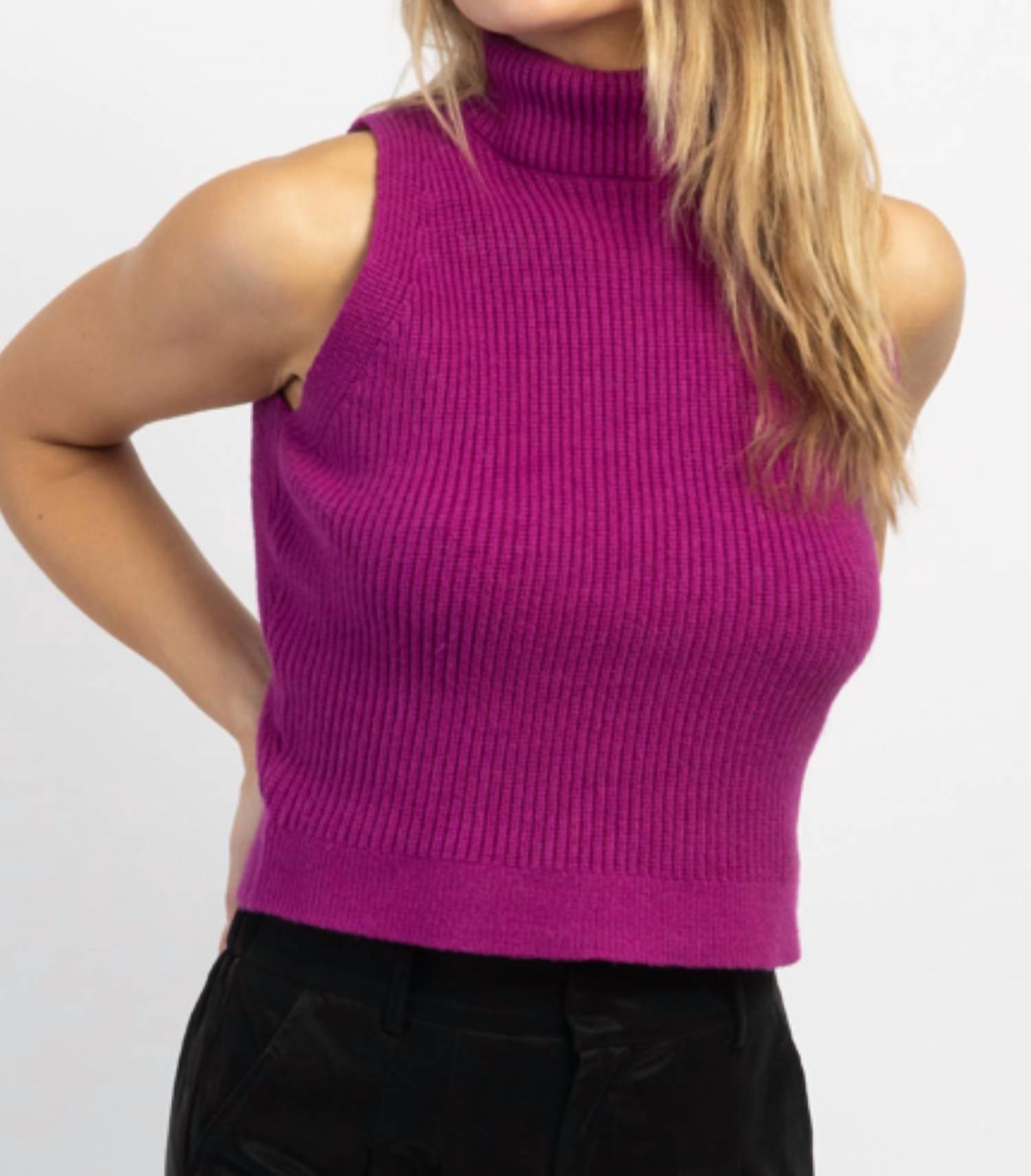 Mock Neck Knit Tank In Deep Magenta