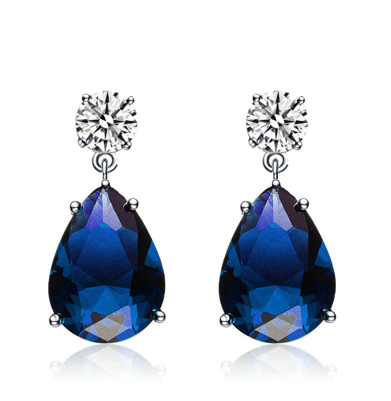 C.z. Sterling Silver Rhodium Plated Large Sapphire Pear Shape Drop Earrings 7801541722172