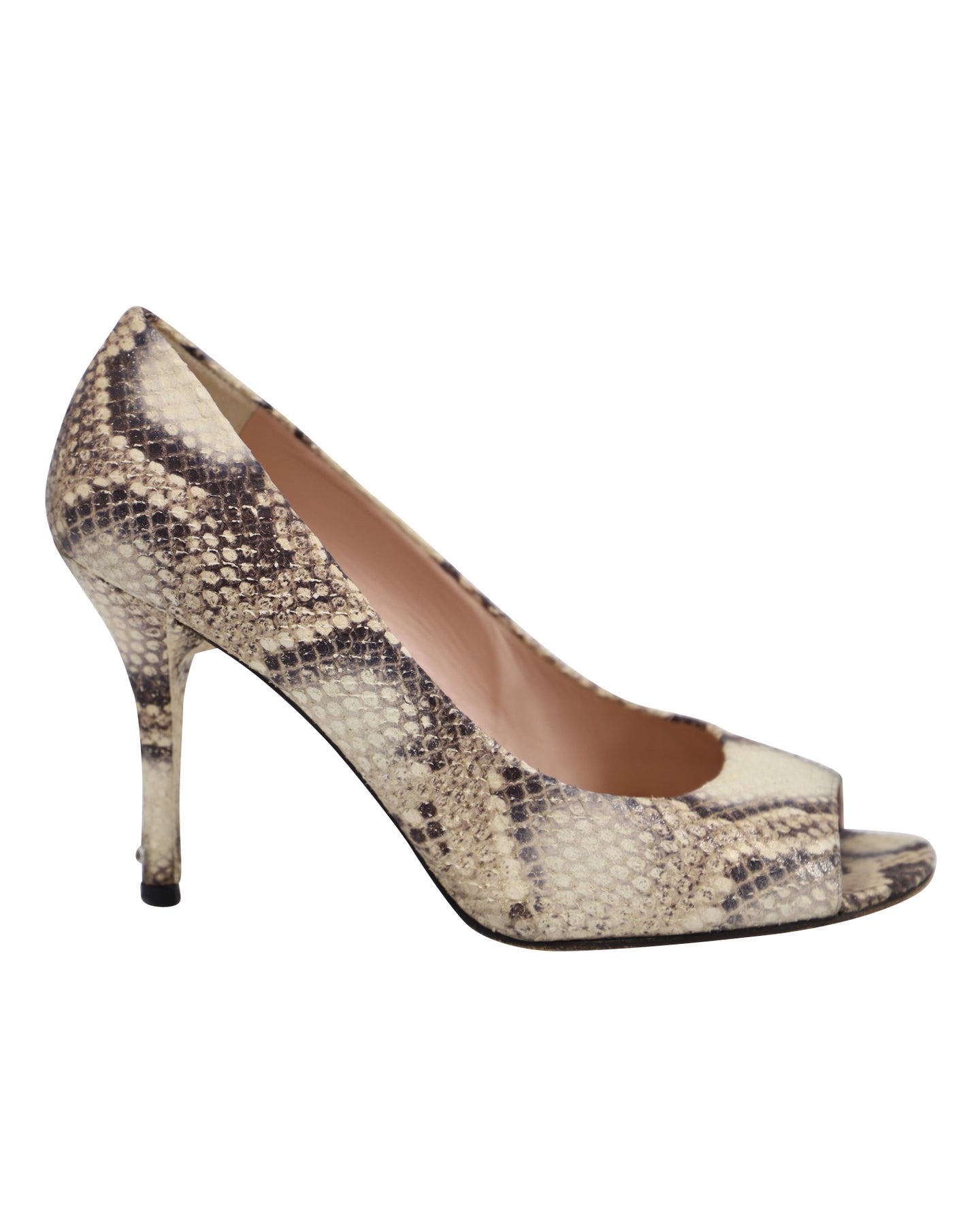 Stuart Weitzman Peep-toe Heels in Snakeskin Print Leather