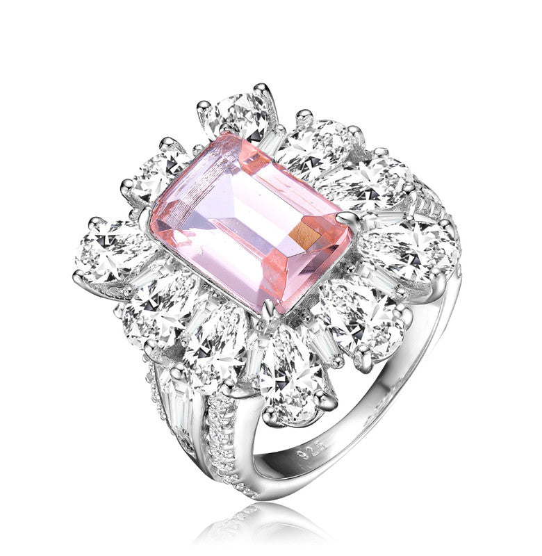 GENEVIVE Sterling Silver Morganite Cubic Zirconia Halo Coctail Ring 7801538936892