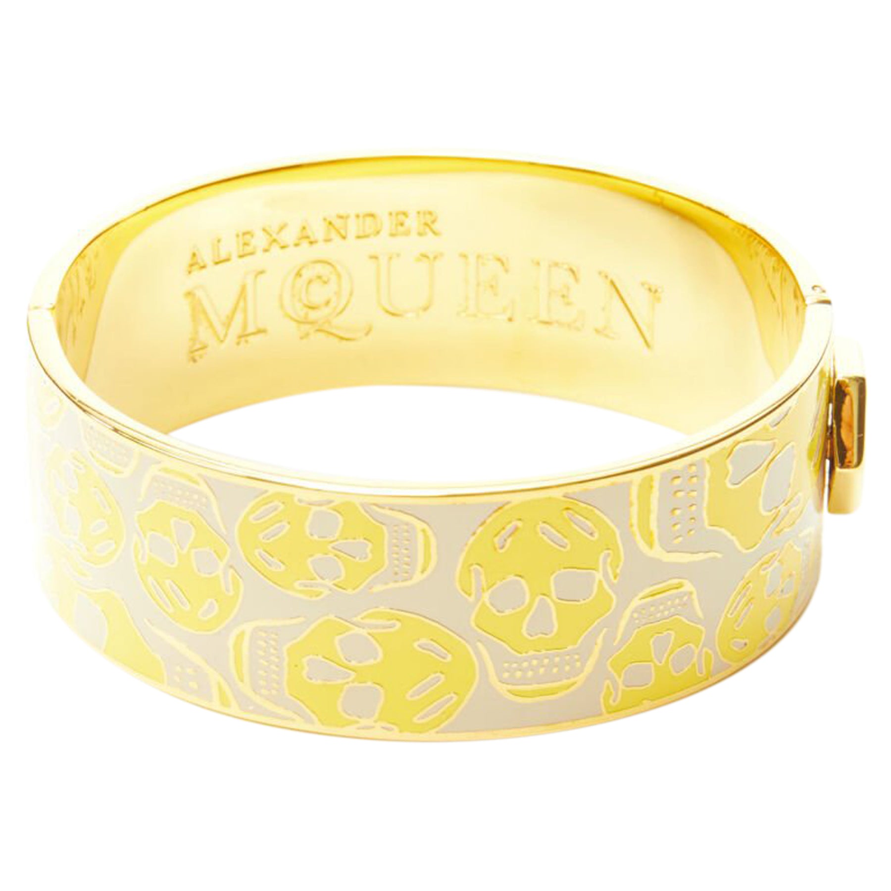 Alexander Mcqueen Beige Yellow Skull Enamel Gold Tone Brass Bangle Cuff 7826365546556
