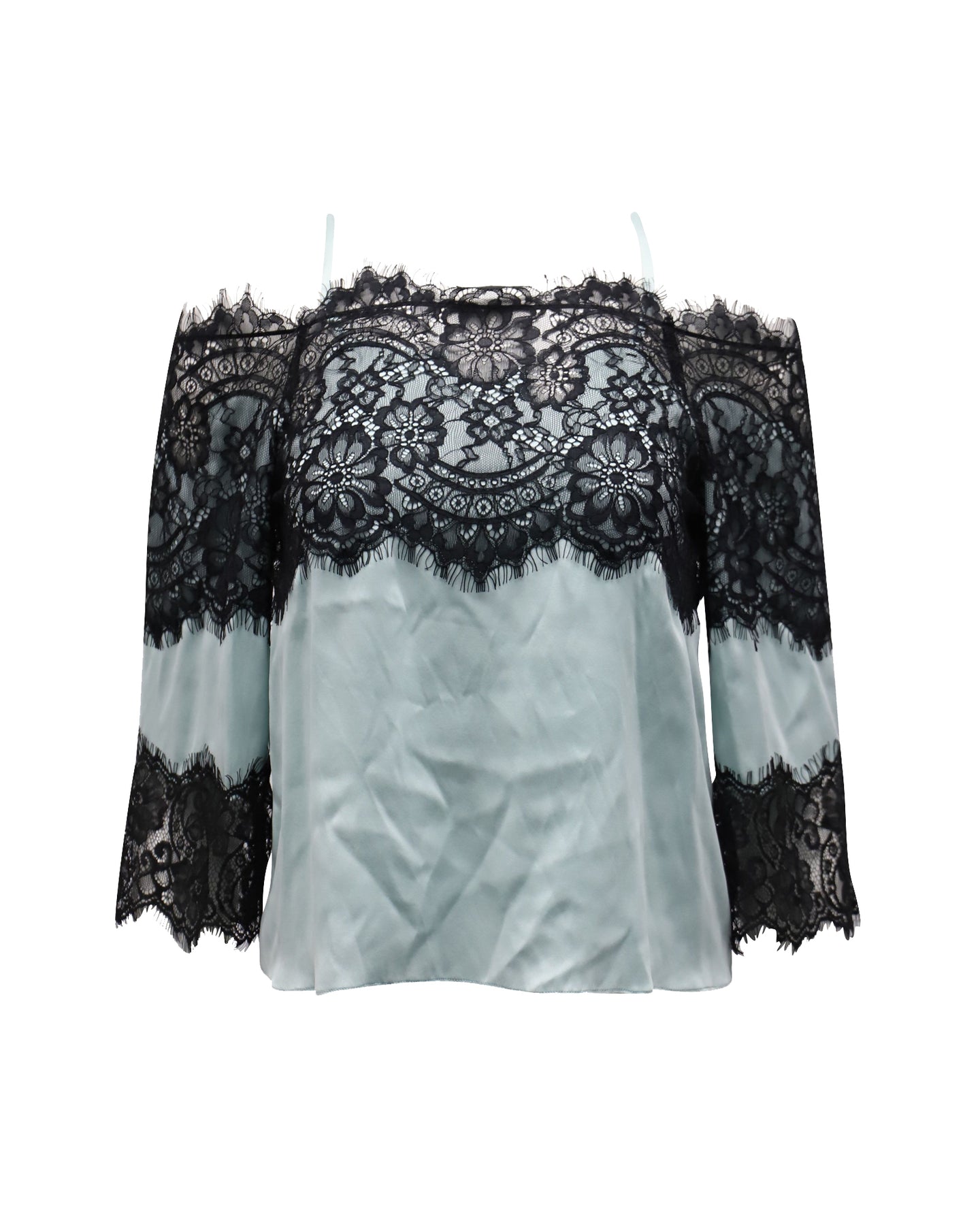 Alice & Olivia Cold Shoulder Lace Top in Mint Green Silk 7771799093308