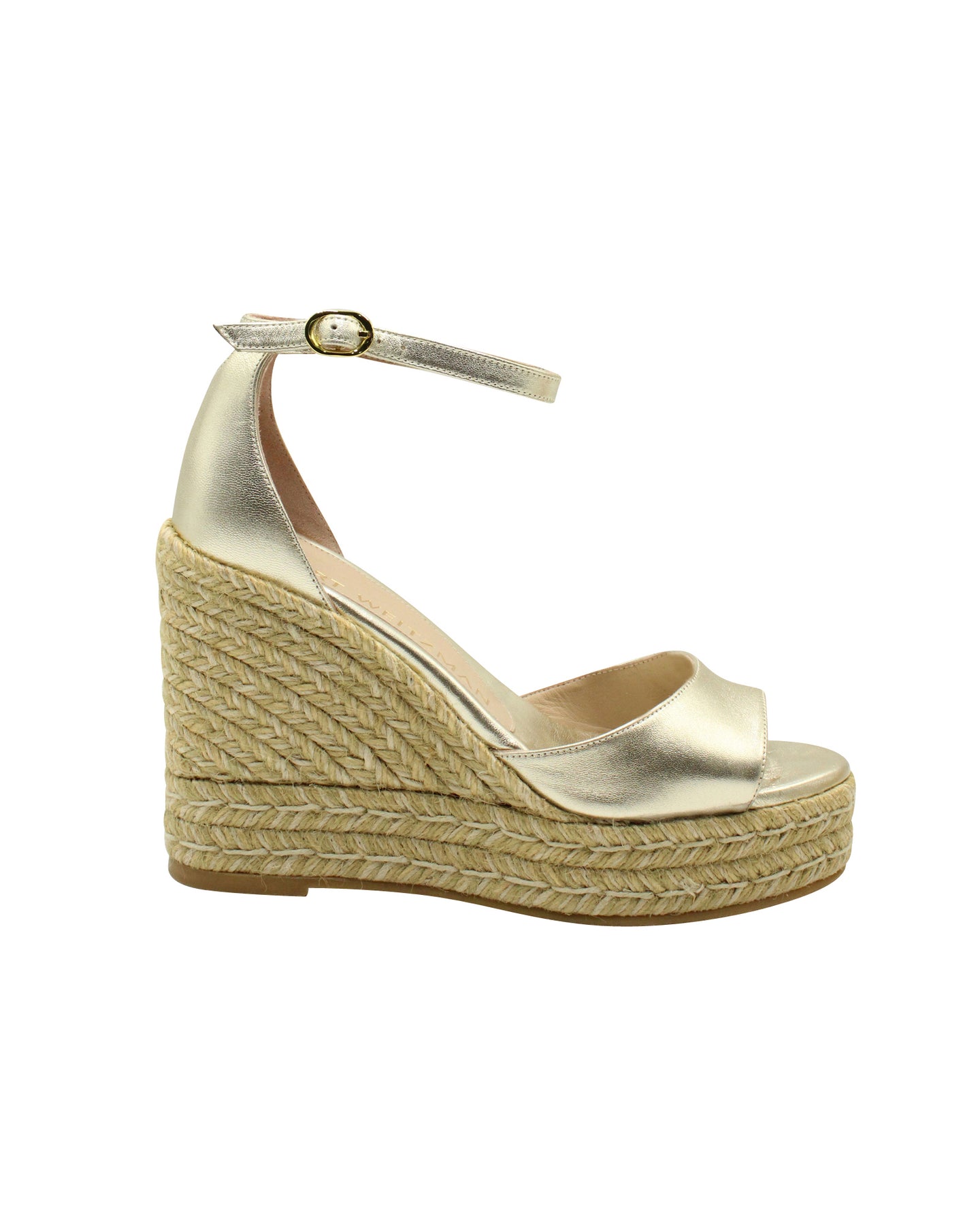 Stuart Weitzman Espadrille Ankle Strap Wedge in Gold Leather 7826348736572