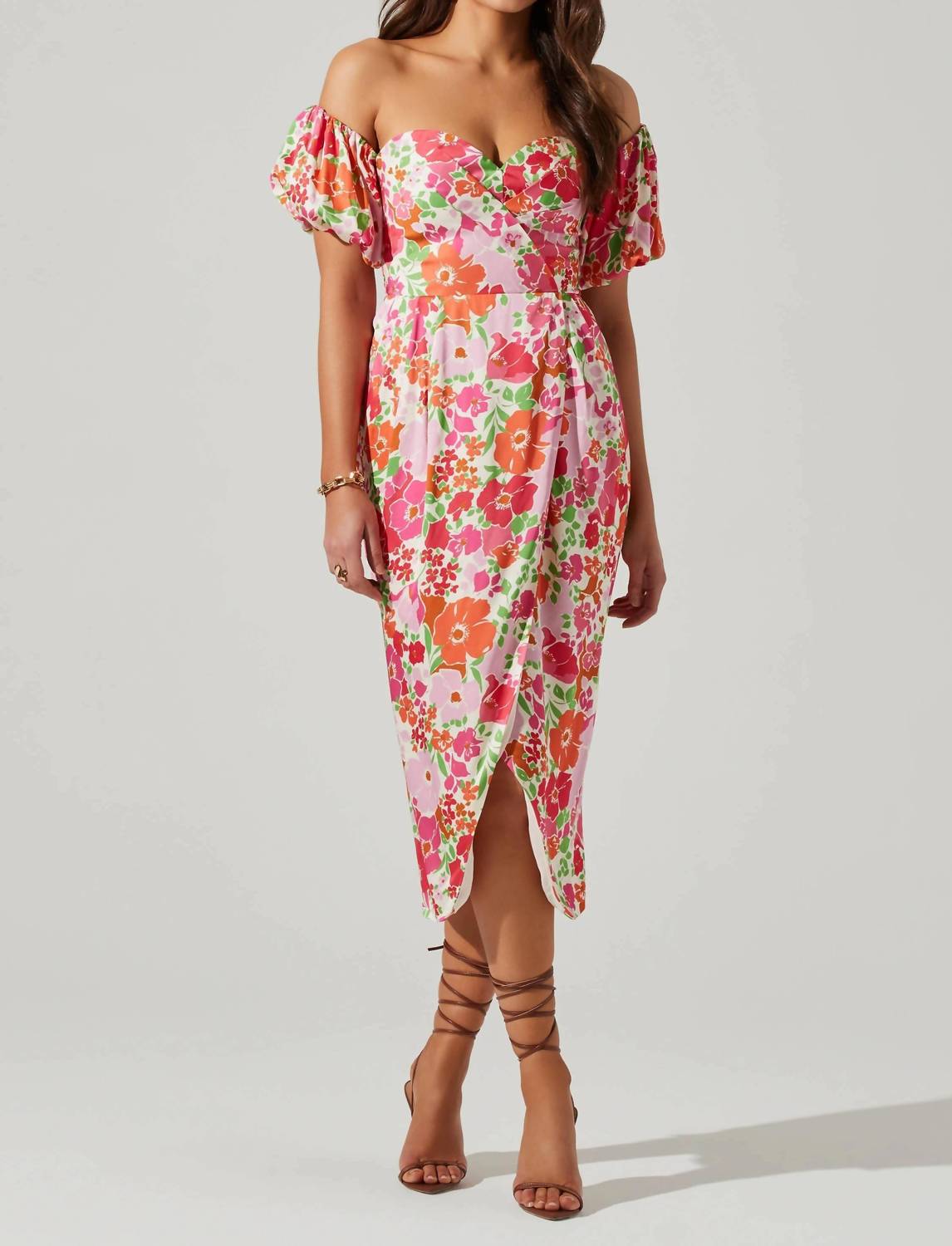 Zurina Floral Off The Shoulder Midi Dress In Pink 7258358579260