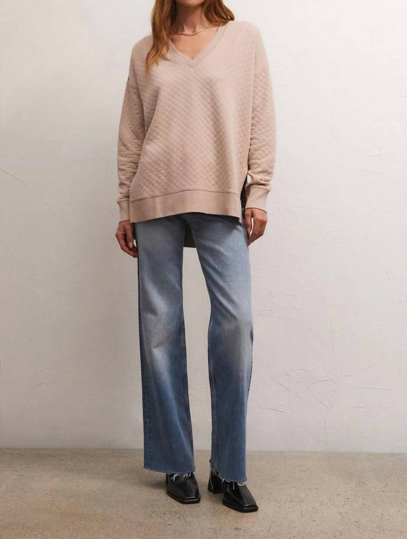 Quilted Modern V-Neck Weekender Sweater In Almond