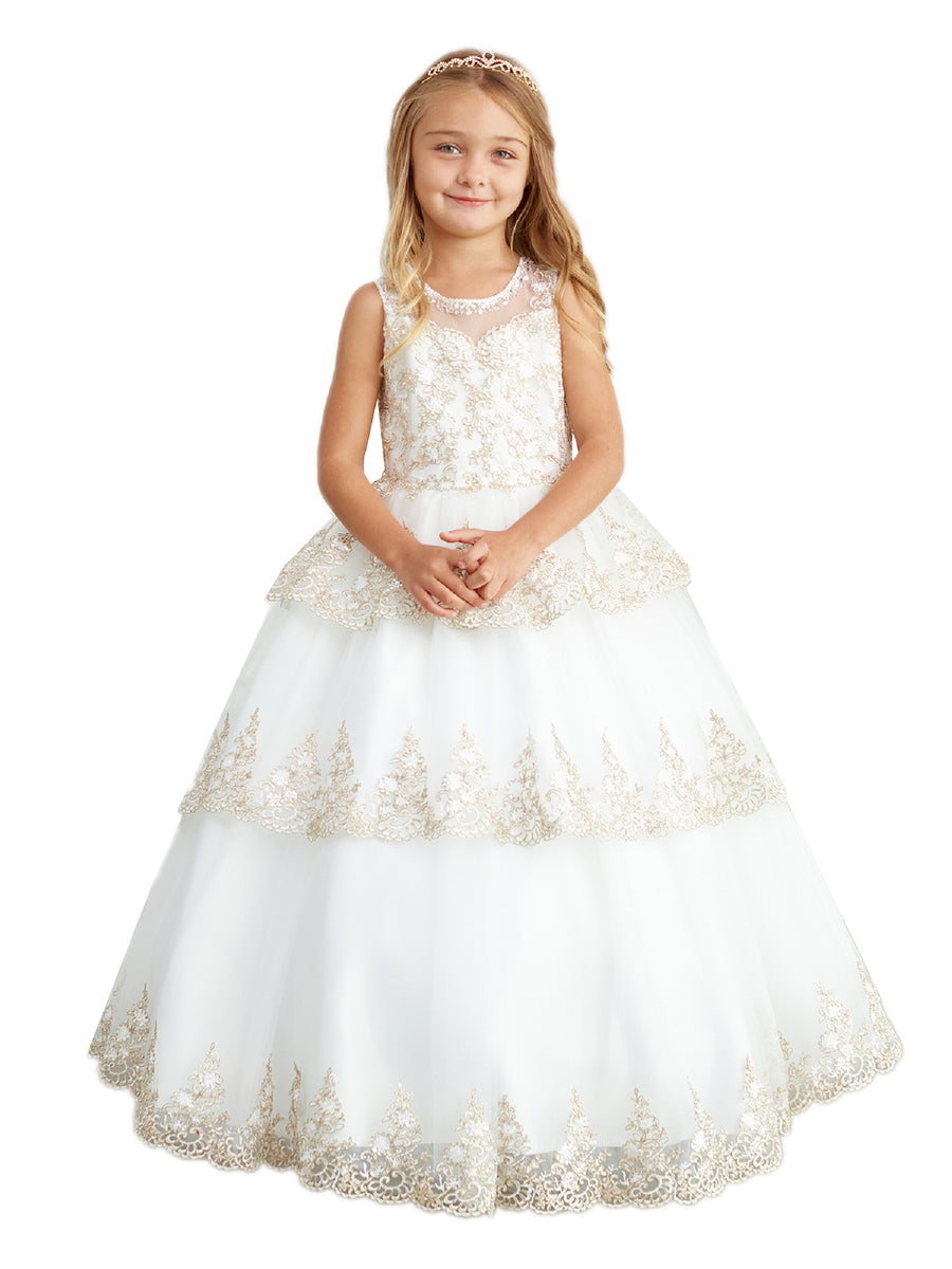 Big Girls Ivory Glitter Mesh Overlay V Neck Pageant Dress 8-18