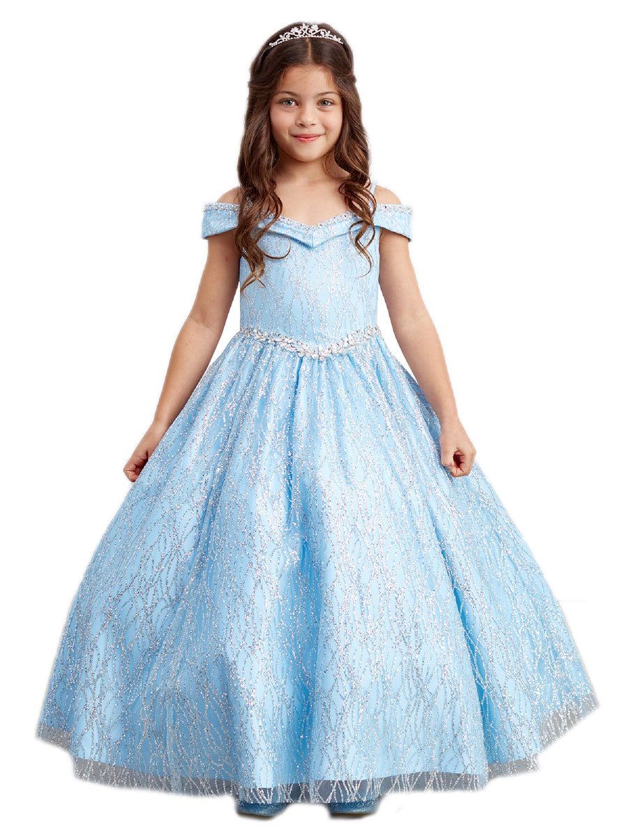 Big Girls Sky Blue Glitter Off Shoulder Rhinestone Waist Pageant Dress 8-16