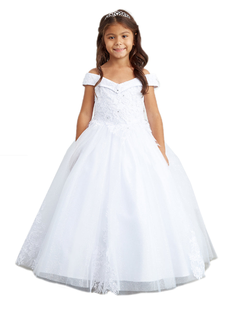 Big Girls Ivory Off Shoulder Lace Applique Corset Back Pageant Dress 8-16