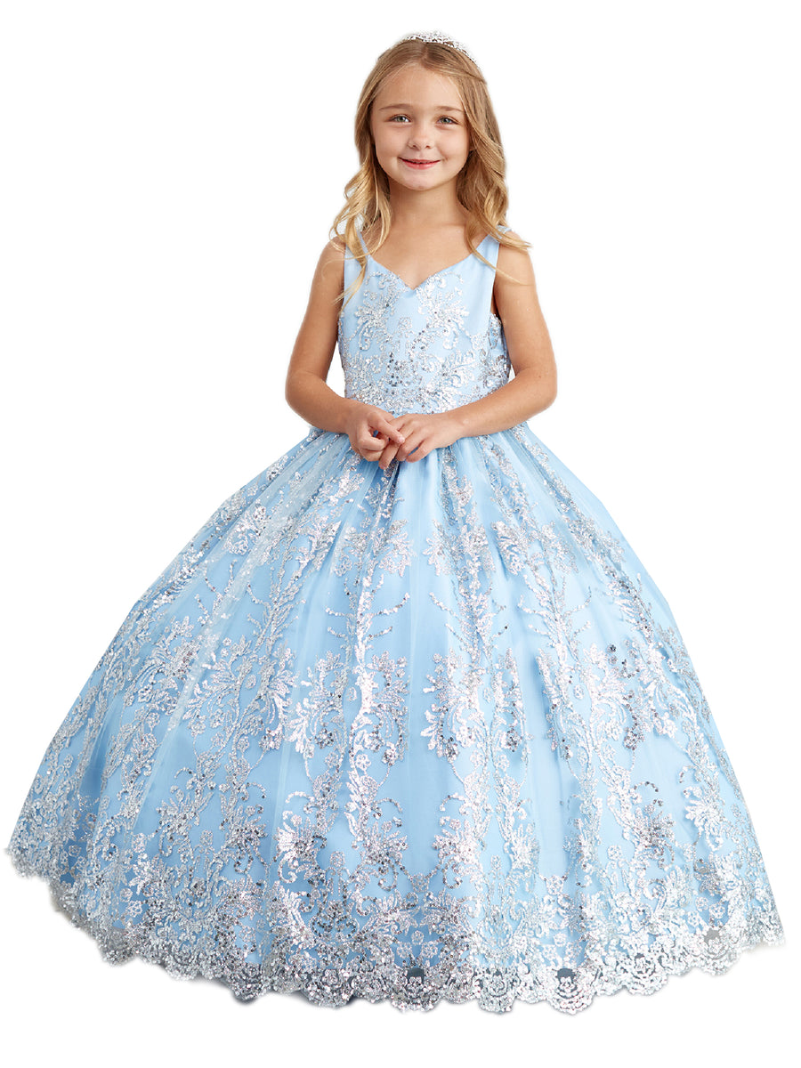 Big Girls Dusty Blue Glitter Mesh Overlay V Neck Pageant Dress 8-12