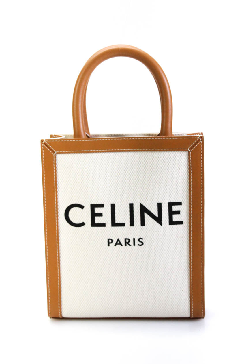 Celine 2022 Womens Logo Mini Vertical Cabas Tote Handbag With Strap White Brown 7808479461436