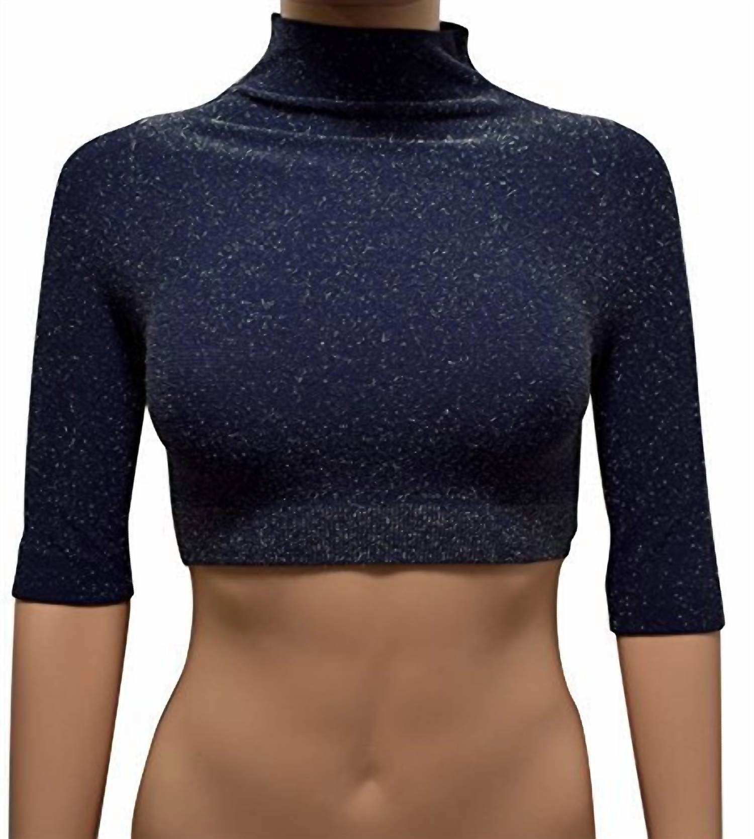 Women Mock Neck Glitter Crop Top In Navy