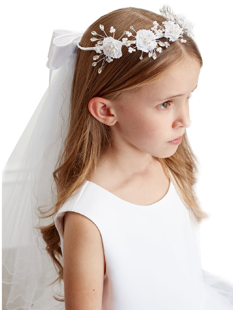 Girls White Precious Crystal Pearl Flower Crown Virgin Mary Veil