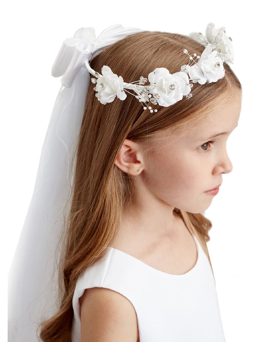 Girls White Rhinestone Pearl Flower Crown Virgin Mary Veil