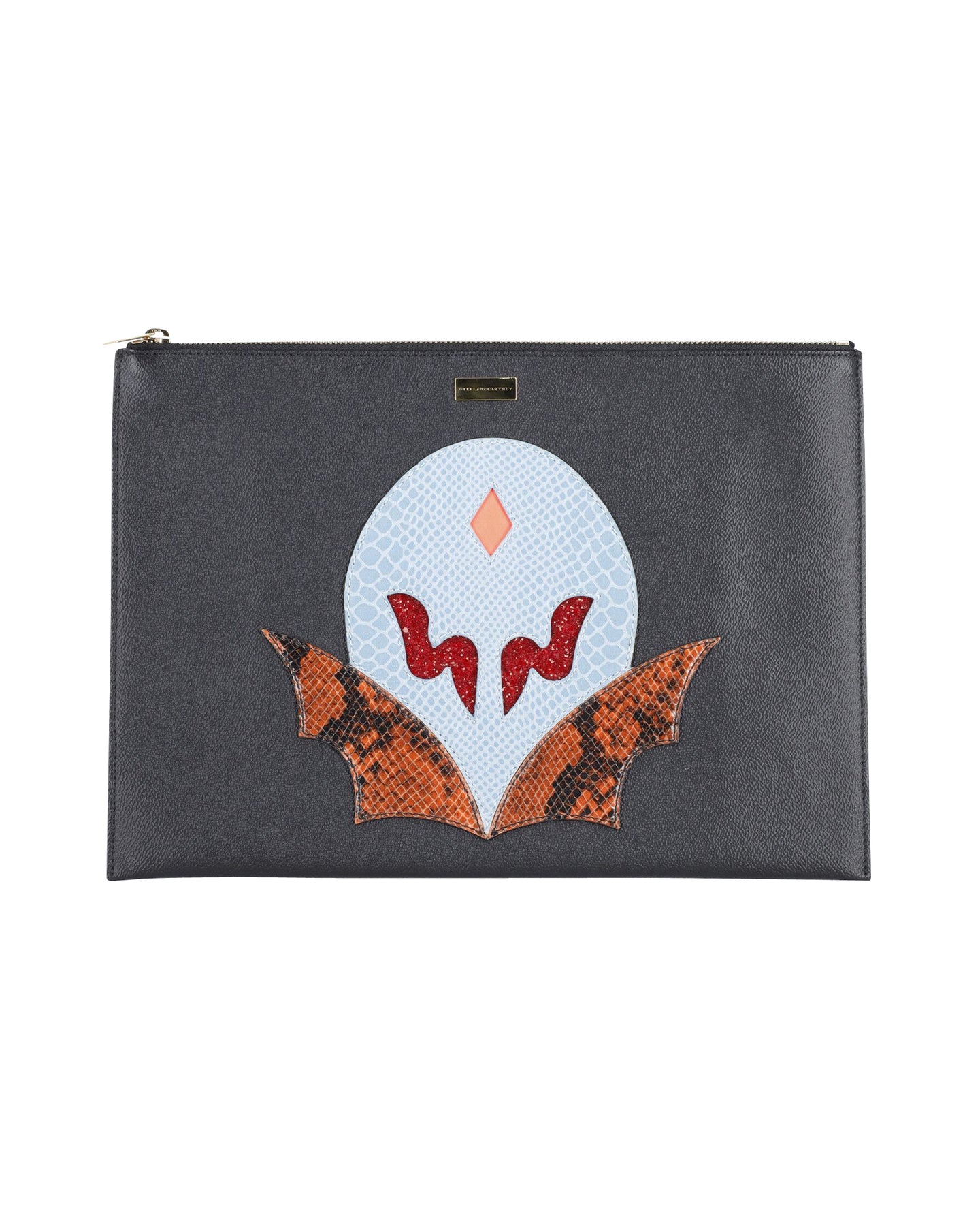 Stella McCartney Super Hero Applique Zip Clutch in Black Faux leather 7744748322876