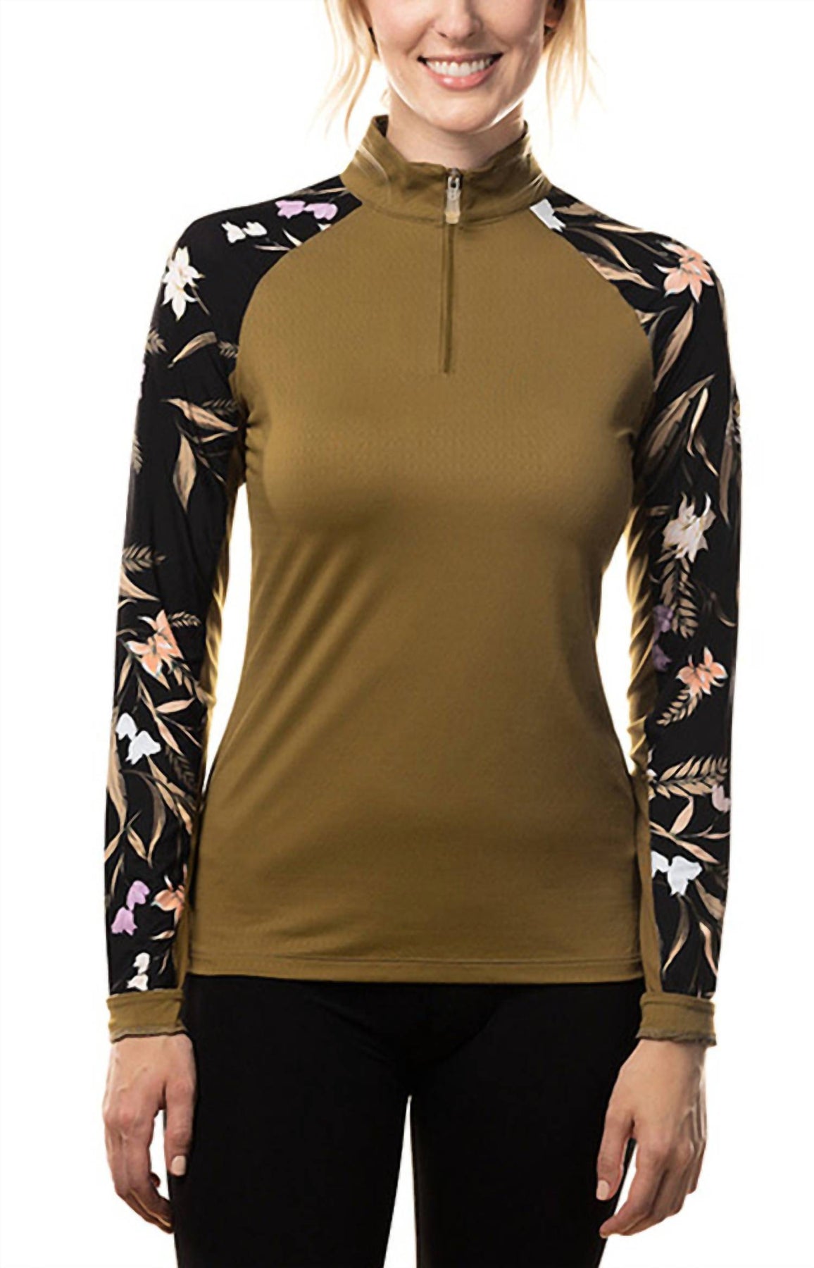 1/4 Zip Long Sleeve Sun Shirt In Black Tropical With Fir Green 7760334159932