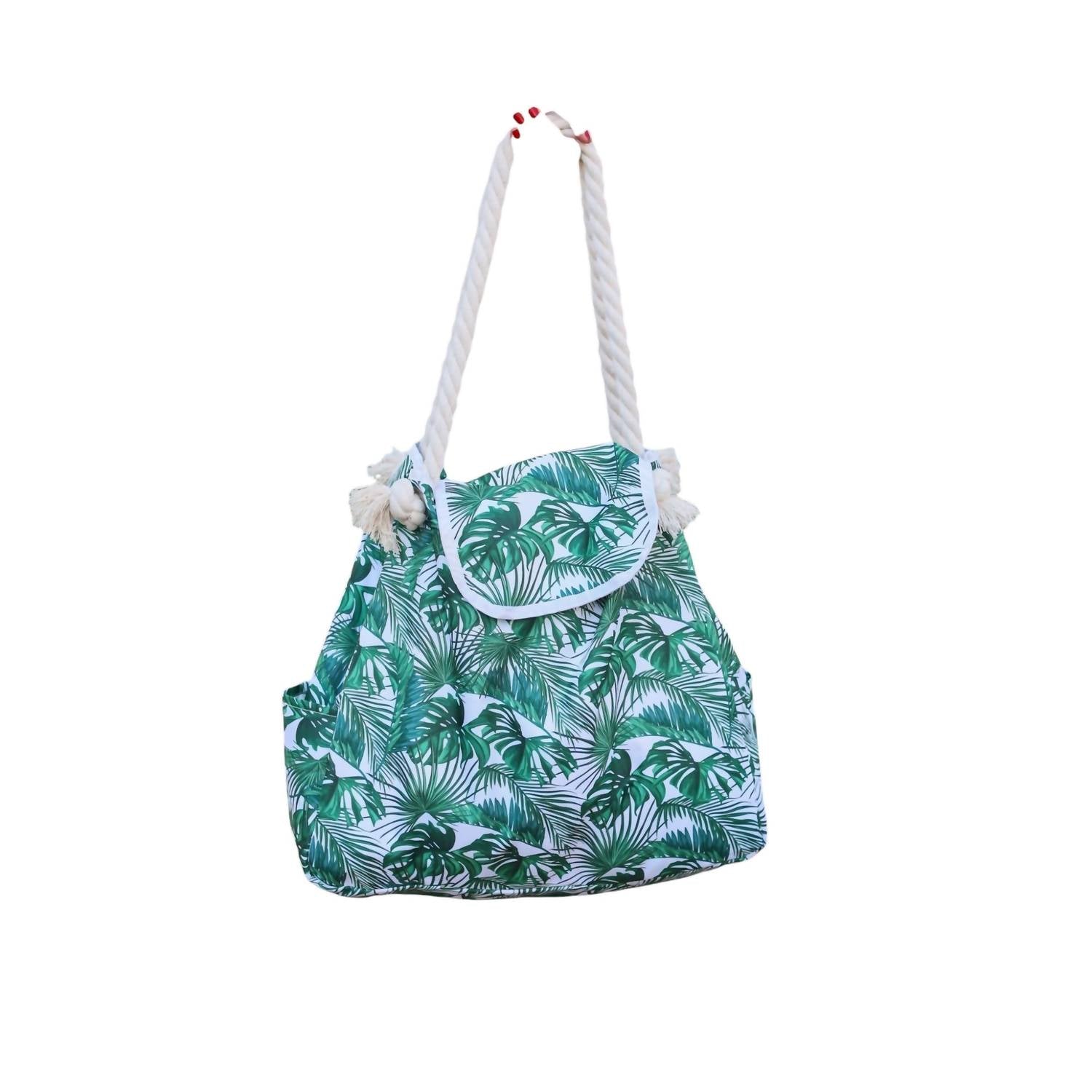 Women's Rope Handle Beach Bag Top Flap In Palm Leaves