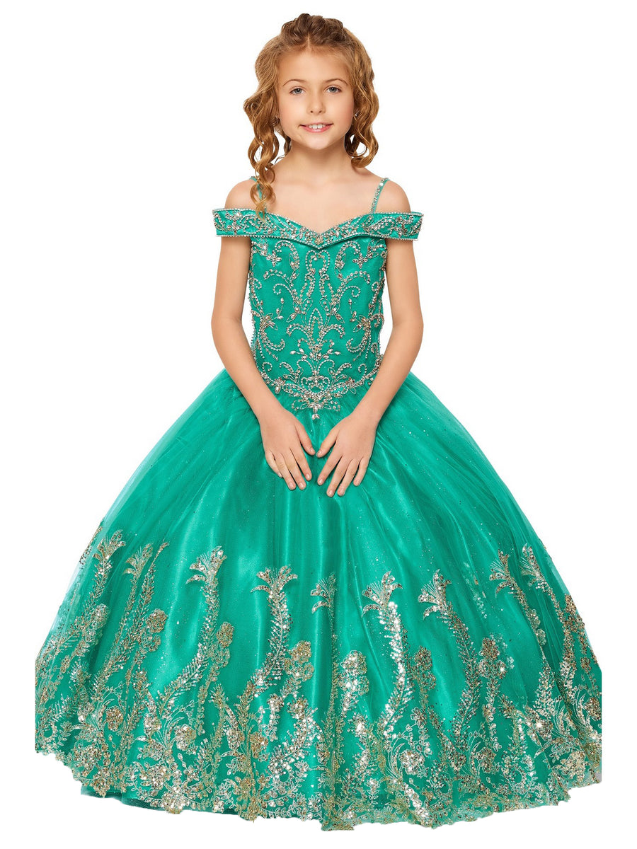Big Girls Jade Off Shoulder Rhinestone Sweep Train Glitter Mesh Ball Gown 8-16