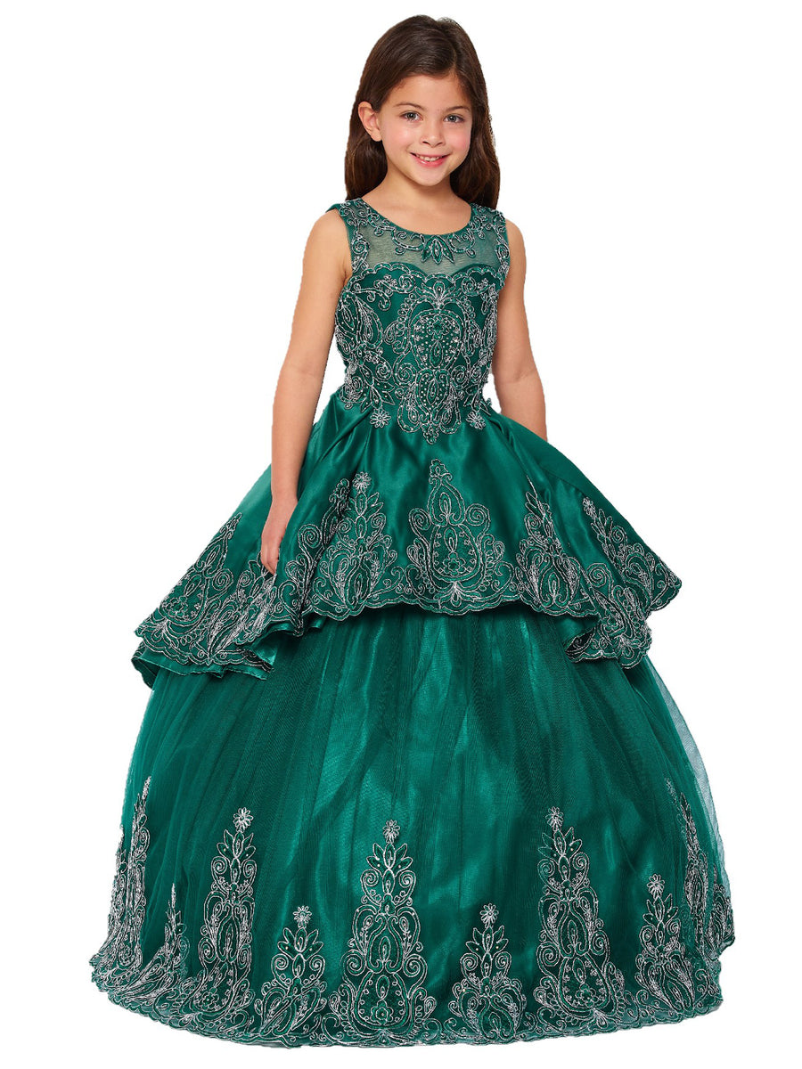 Big Girls Hunter Green Metallic Coiled Embroidered Junior Bridesmaid Dress 8-16