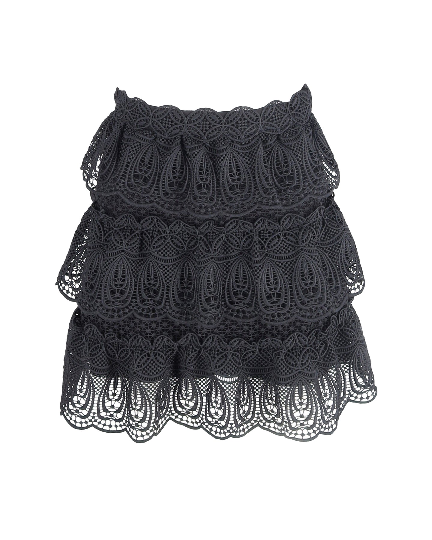 Self-Portrait Crochet A-Line Tiered Skirt in Black Polyester 7802203078716