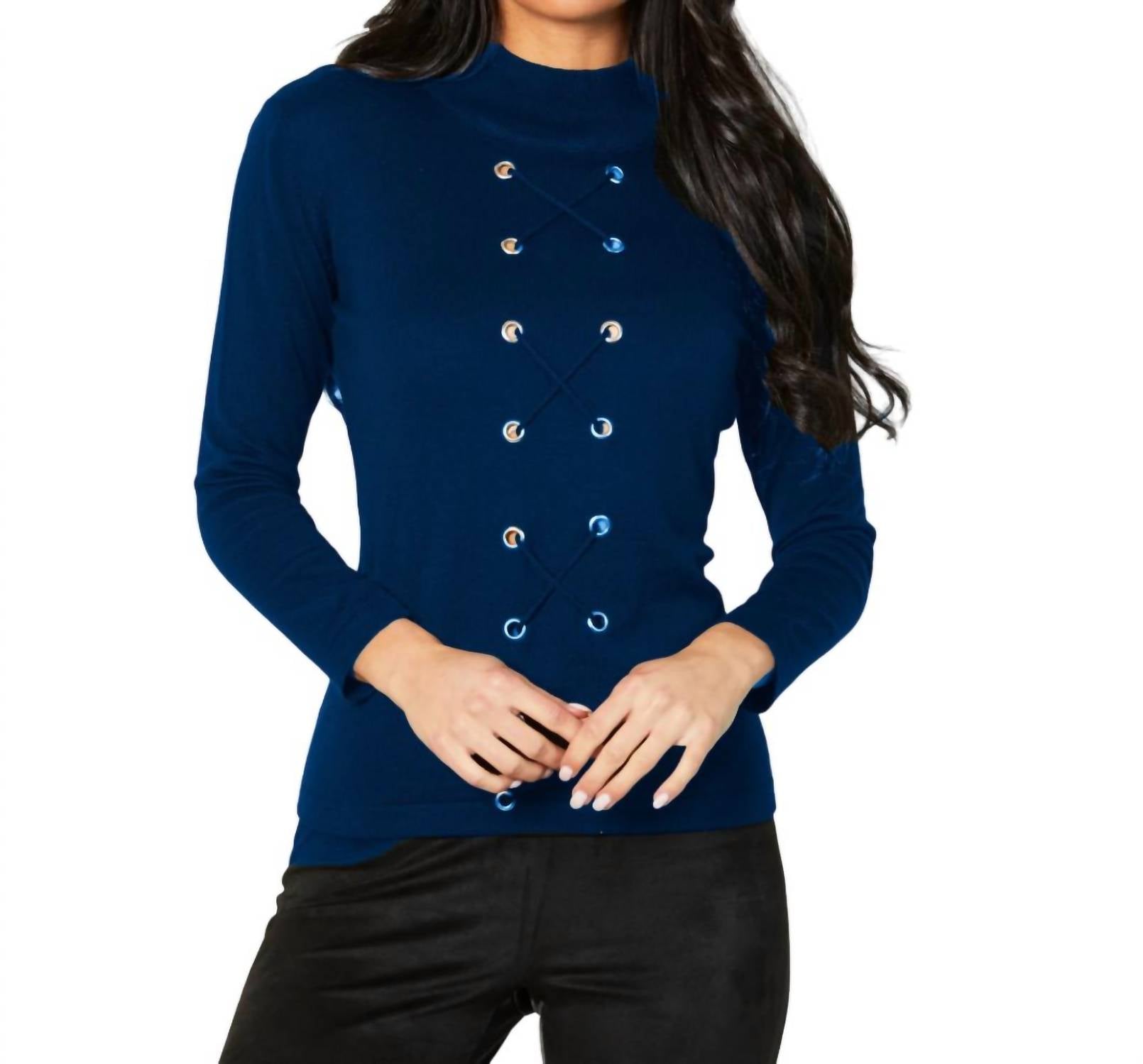 Lace Up Mock Neck Top In Cadet