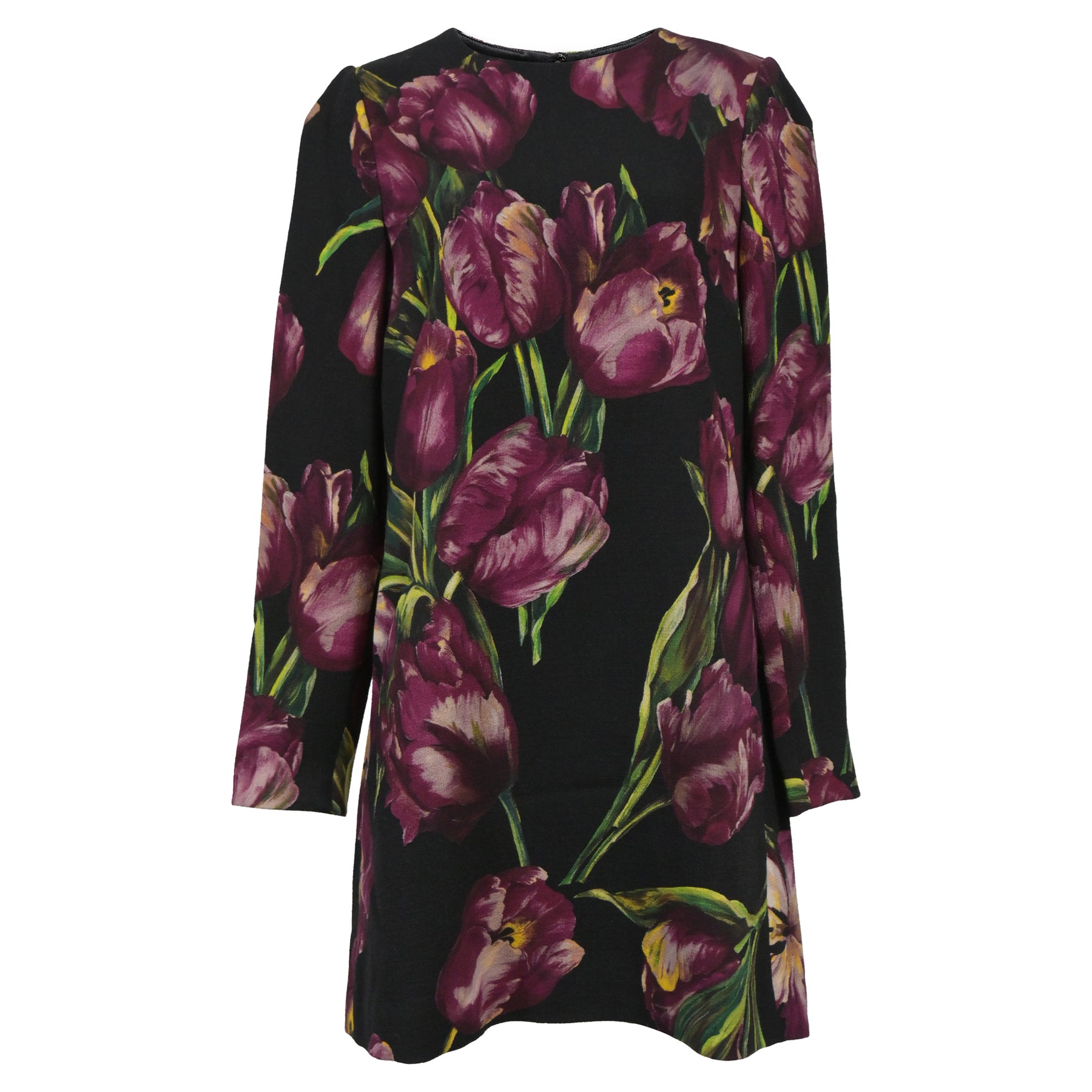 Dolce & Gabbana Mini Tulip Printed Shift Dress in Black Viscose 7802213859388