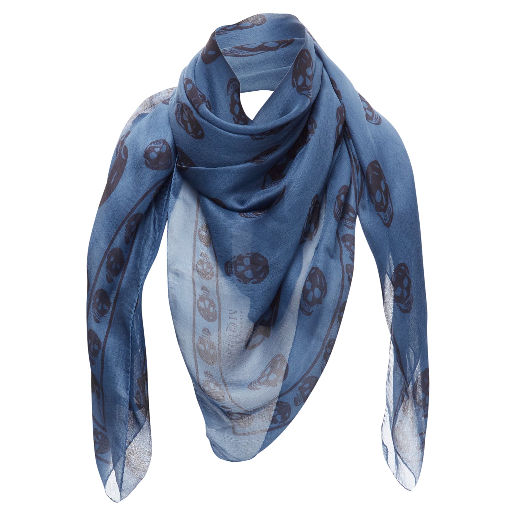 Alexander Mcqueen Blue Navy Skull Logo Print 100% Silk Scarf 7826369773628