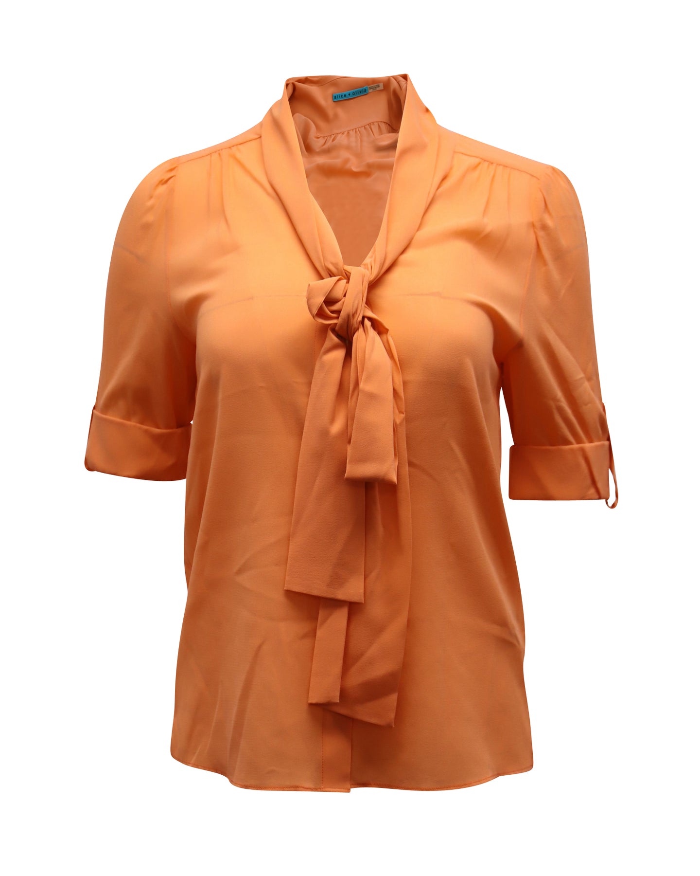 Alice & Olivia Berta Pussy Bow Top in Orange Silk 7771802533948