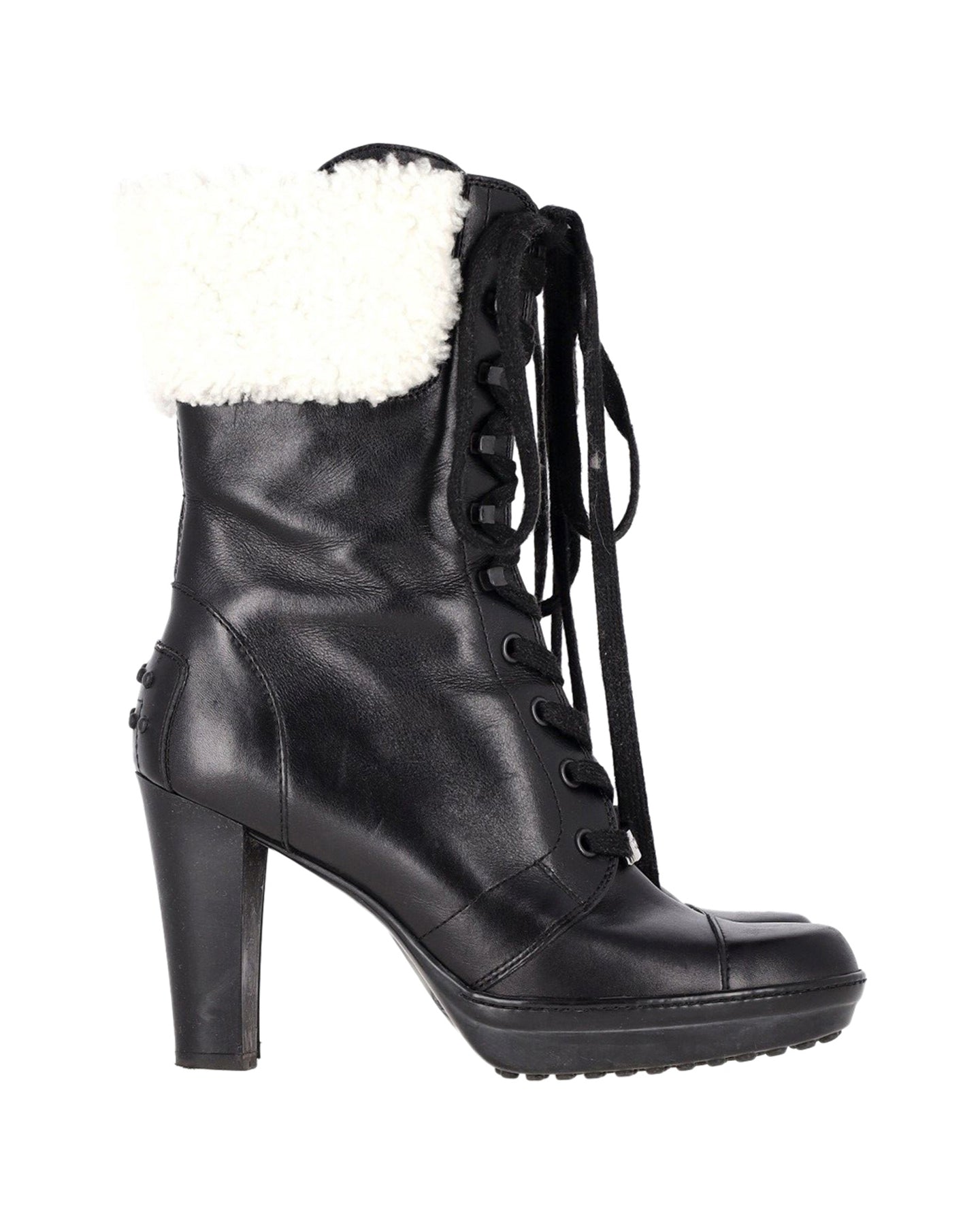 Tod's Shearling Lace-Up Heeled Boots in Black Leather 7826357223484