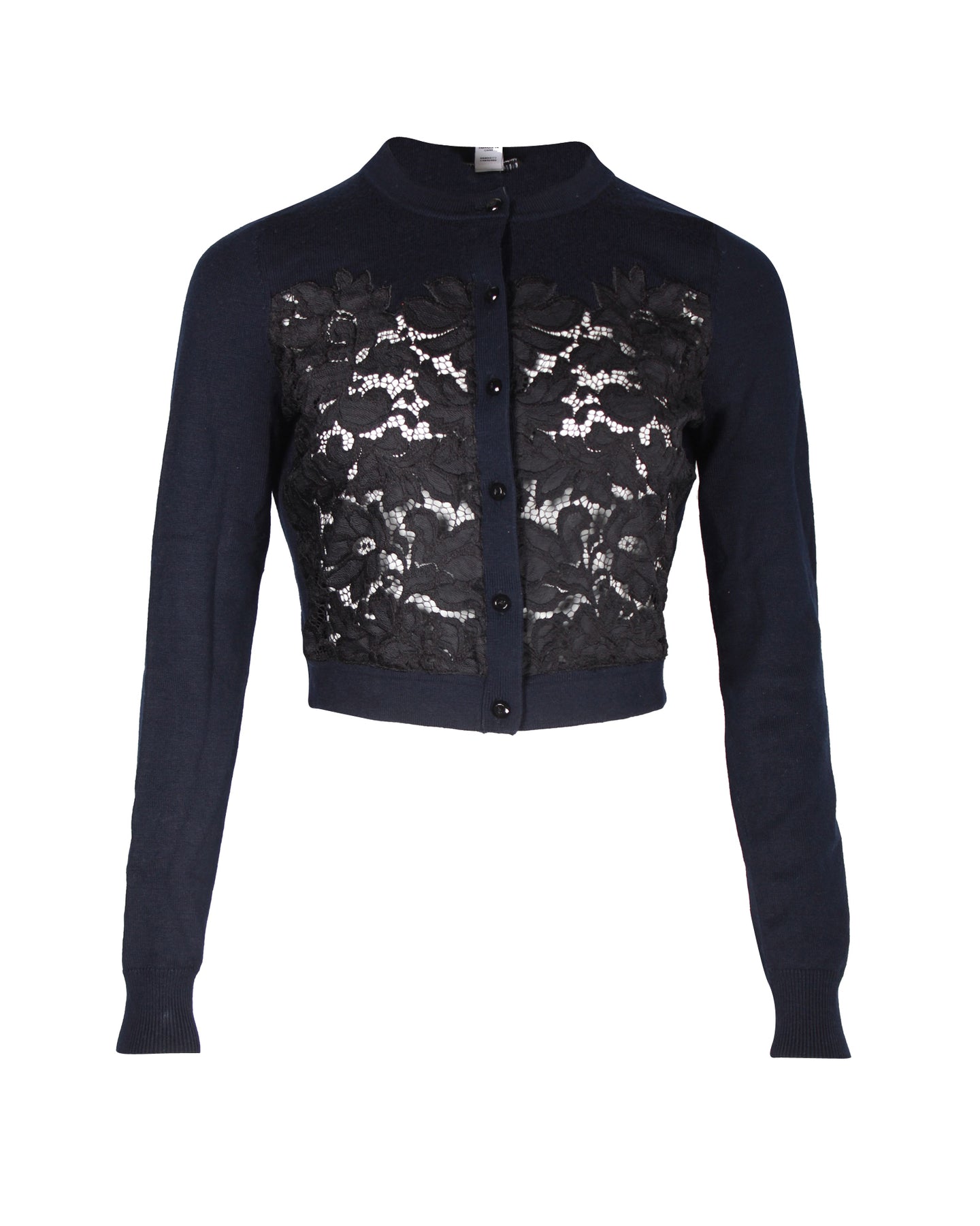 Diane Von Furstenberg Lace Pattern Crew Neck Cardigan in Navy Blue Wool 7826317312060