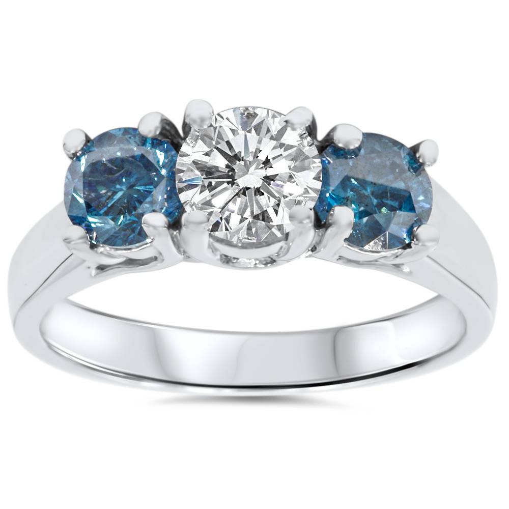 1 3/4ct Blue & White Diamond Three Stone Engagement 14K White Gold Ring 7688264253500