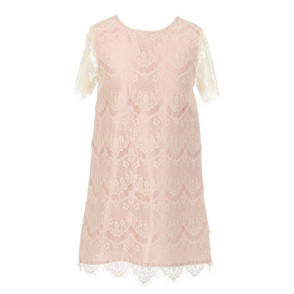 Big Girls Ivory Rose Eyelet Lace Scallop Short Sleeved Party Dress 8-14