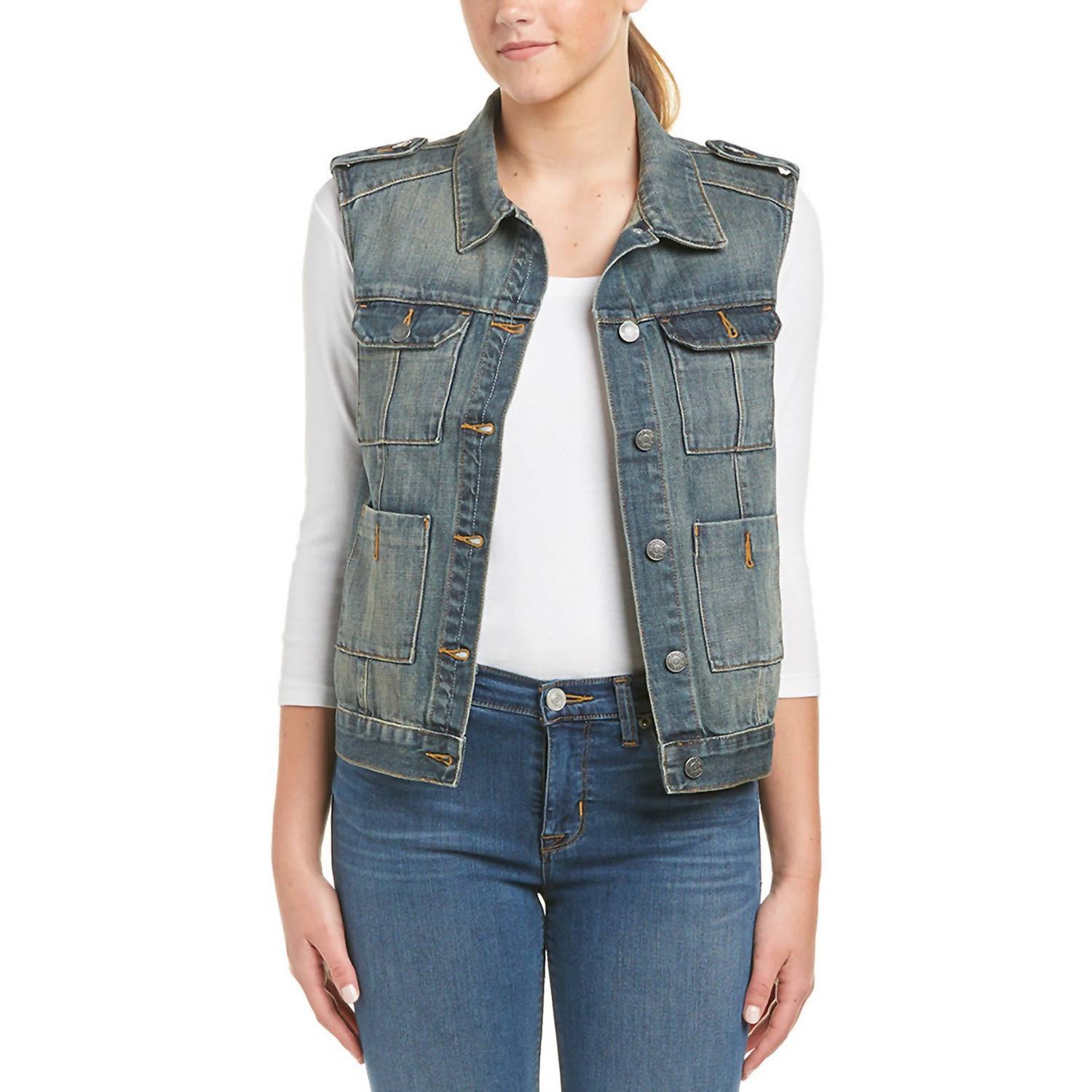 Womens Distressed Denim Vest In Denim Blue