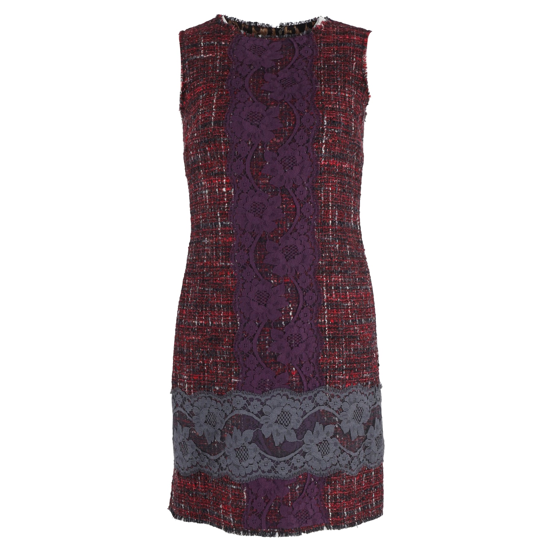 Dolce & Gabbana Lace-Embroidered Tweed Shift Dress in Purple Wool 7826353881148