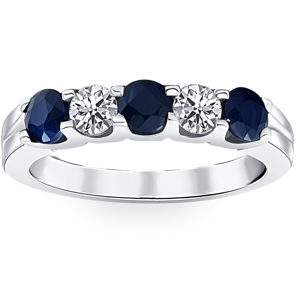1 Ct Blue Sapphire Diamond Five Stone Wedding Anniversary Ring 14K White Gold 7688301903932