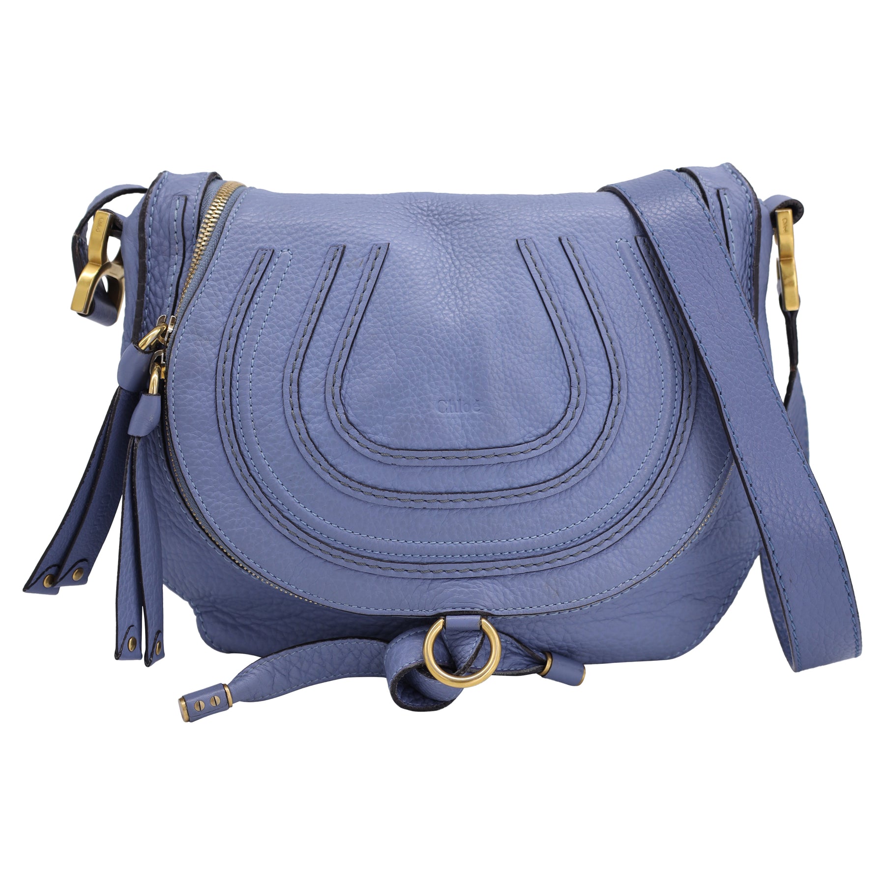 Chloé Medium Marcie Saddle Bag in Blue Grained Leather 7826347163708