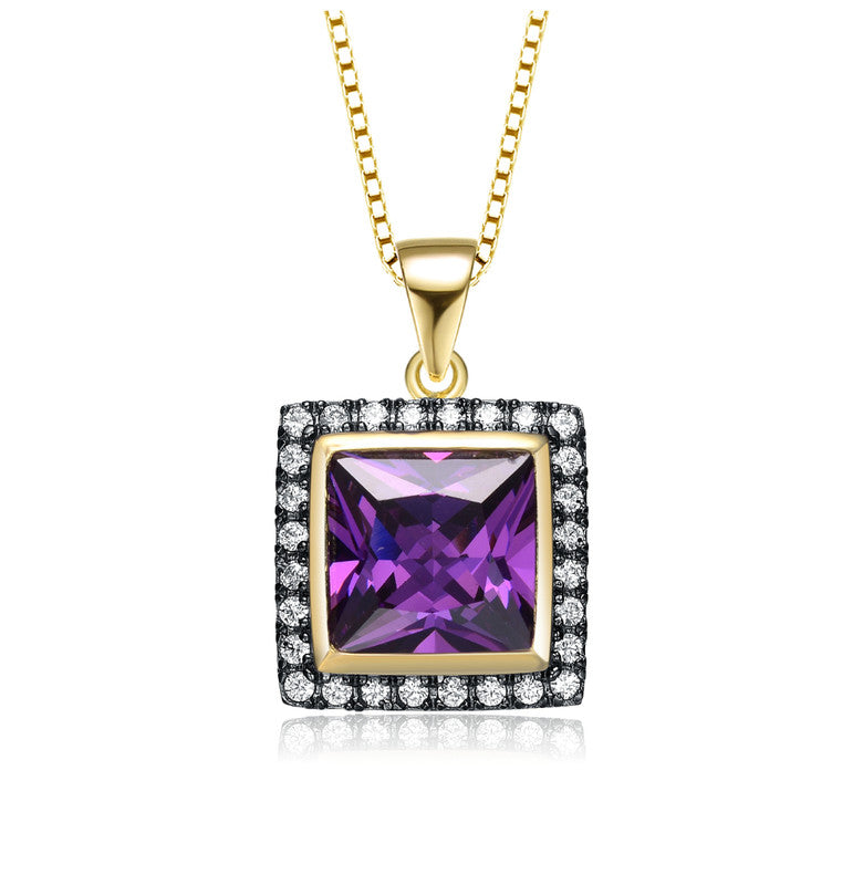 Yellow Gold Plated Square Purple Cubic Zirconia Pendant Necklace 7801534021692