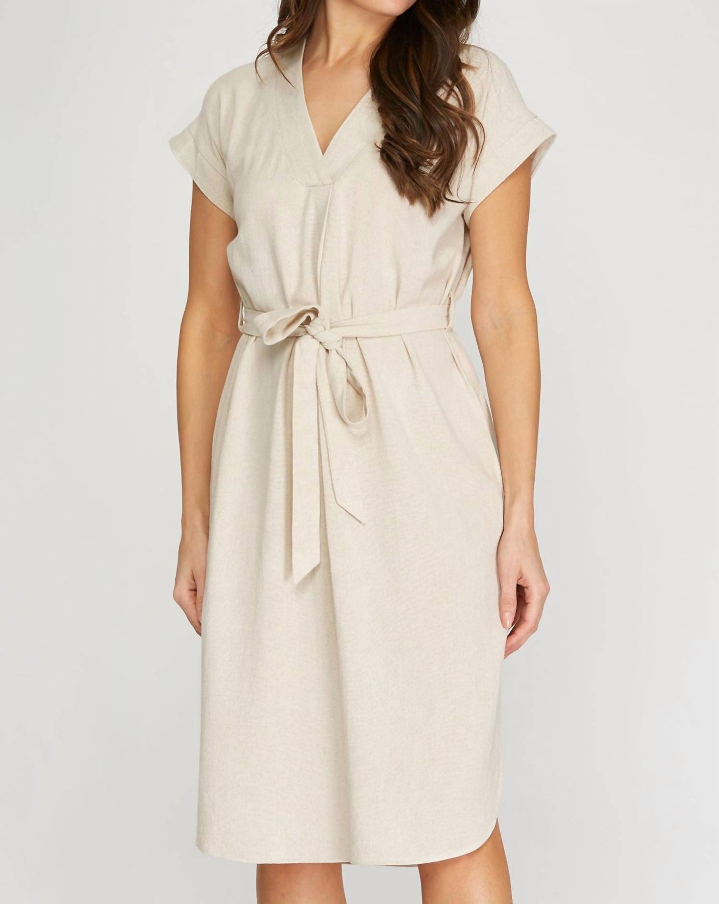 Drop Short Sleeve Waist Tie Linen Dress In Natural