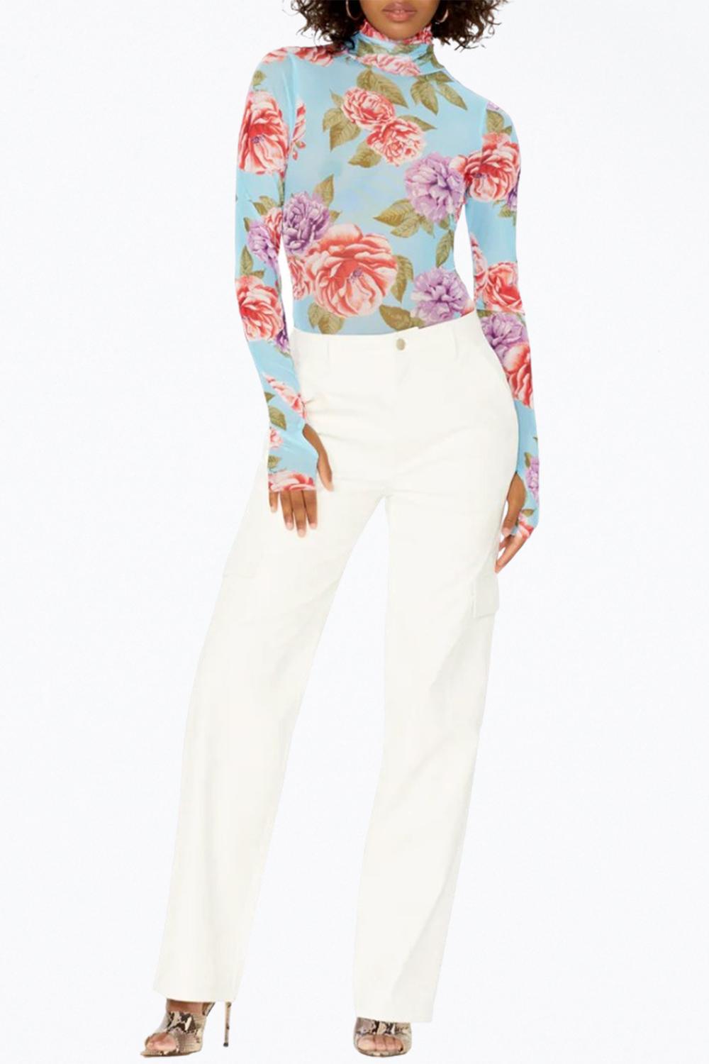 Zadie Power Mesh Turtleneck Top In Blue Bouquet