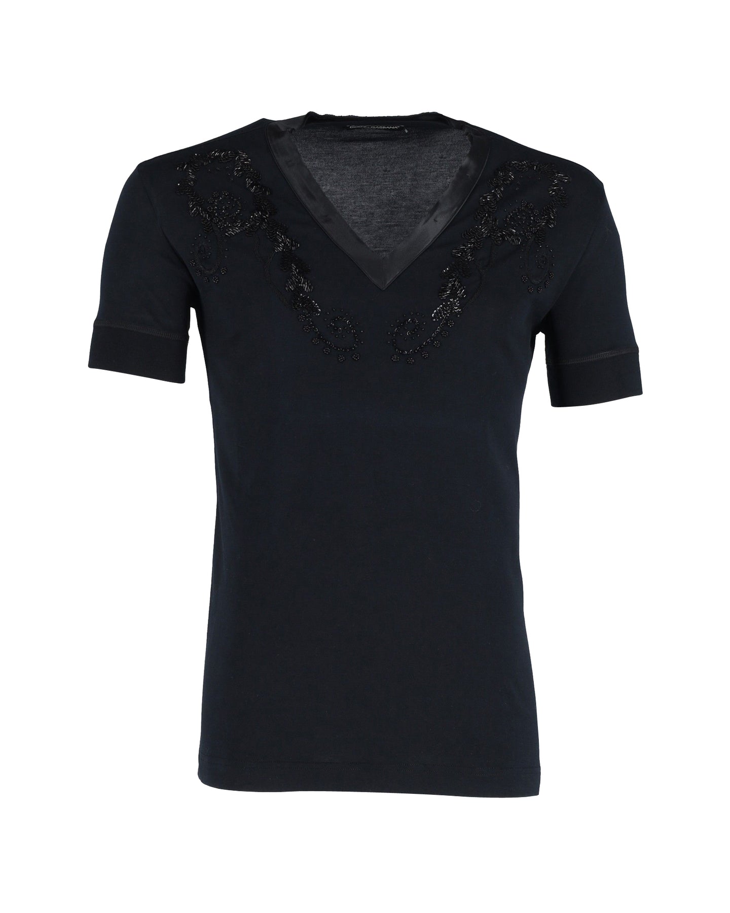 Dolce & Gabbana Embellished V-Neck T-Shirt in Navy Blue Cotton 7744749338684