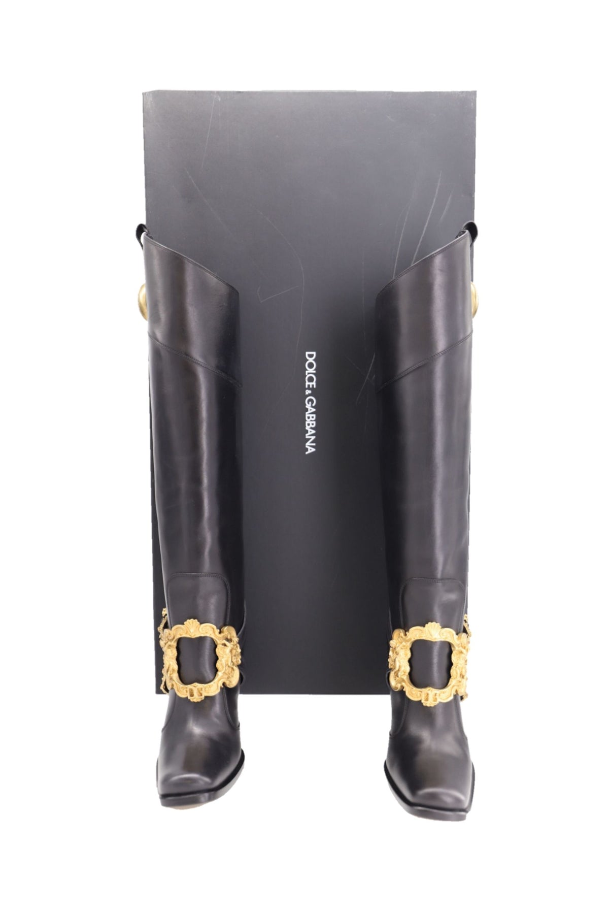 Dolce & Gabbana Knee High Boots with Gold Buckle Detail in Black Leather