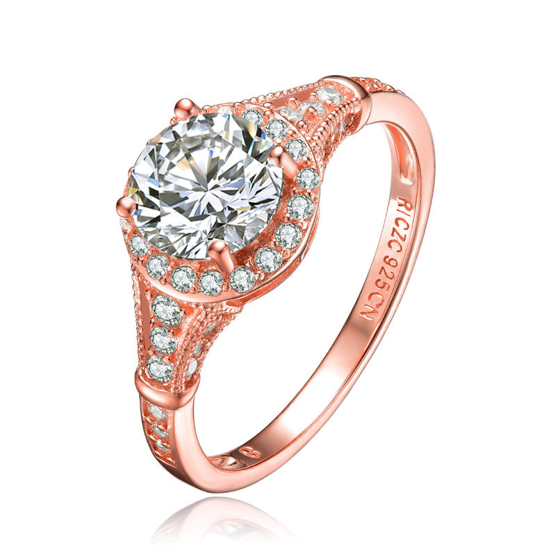 GENEVIVE Sterling Silver Rose Gold Plated Cubic Zirconia Halo Engagement Ring 7801547358268