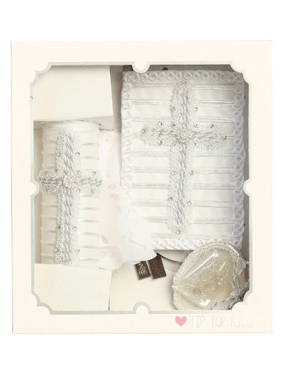 Unisex Baby White Pearl Rhinestone Cross Christening Baptism Candle Set English