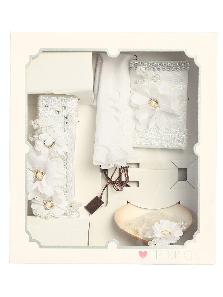 Baby Girls White Pearl Rhinestone Flower Christening Baptism Candle Set Spanish