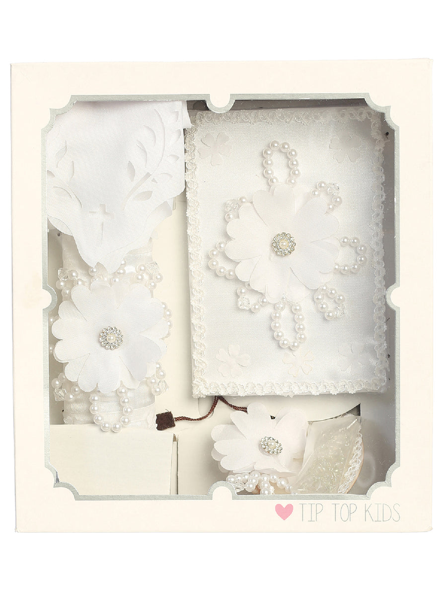 Baby Girls White Pearl String Flower Christening Baptism Candle Set English