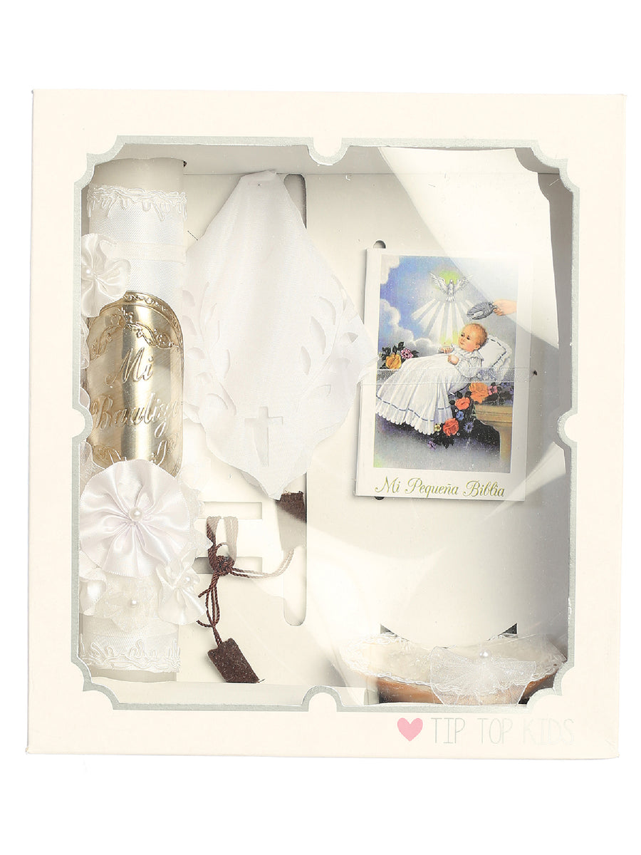 Unisex Baby White Pearl Flower Christening Baptism Candle Set English