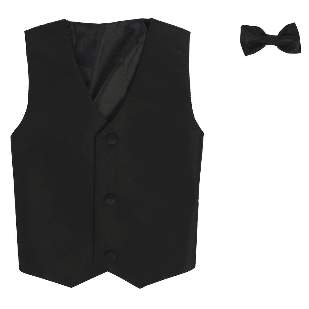 Big Boys Black Poly Silk Vest Bowtie Special Occasion Set 8-14